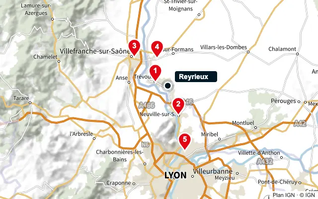 Carte : Reyrieux et les 5 agences de la liste, numérotées de 1 à 5