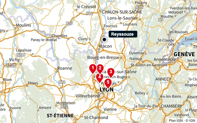 Carte : Reyssouze et les 5 agences de la liste, numérotées de 1 à 5