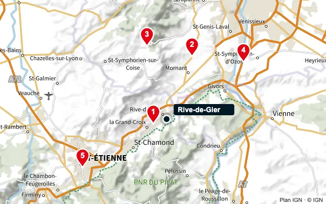 Carte : Rive-de-Gier et les 5 agences de la liste, numérotées de 1 à 5