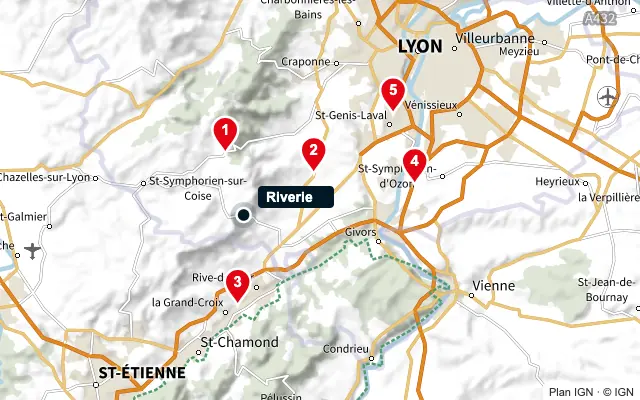 Carte : Riverie et les 5 agences de la liste, numérotées de 1 à 5