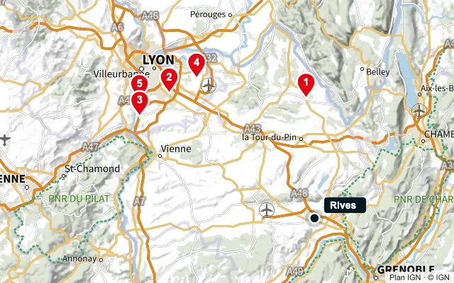 Carte : Rives et les 5 agences de la liste, numérotées de 1 à 5