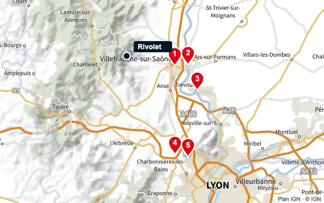 Carte : Rivolet et les 5 agences de la liste, numérotées de 1 à 5