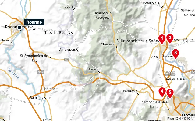 Carte : Roanne et les 5 agences de la liste, numérotées de 1 à 5