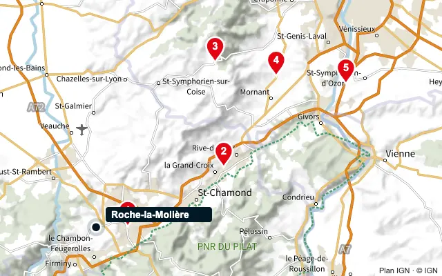 Carte : Roche-la-Molière et les 5 agences de la liste, numérotées de 1 à 5