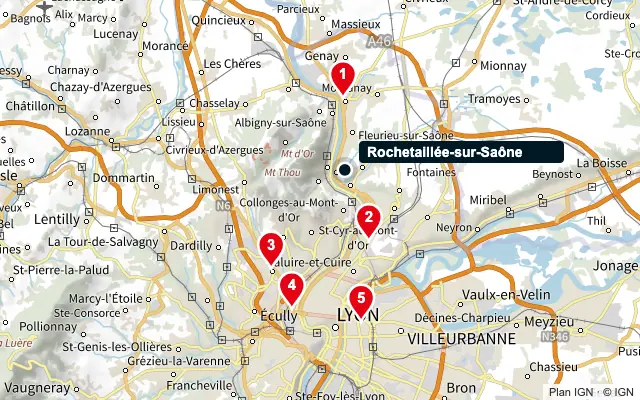 Carte : Rochetaillée-sur-Saône et les 5 agences de la liste, numérotées de 1 à 5