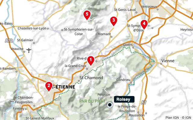 Carte : Roisey et les 5 agences de la liste, numérotées de 1 à 5