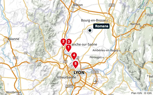 Carte : Romans et les 5 agences de la liste, numérotées de 1 à 5