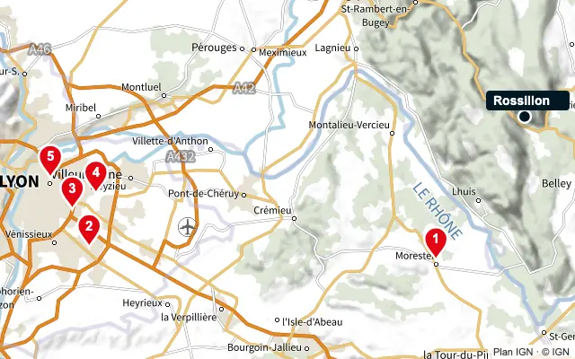 Carte : Rossillon et les 5 agences de la liste, numérotées de 1 à 5