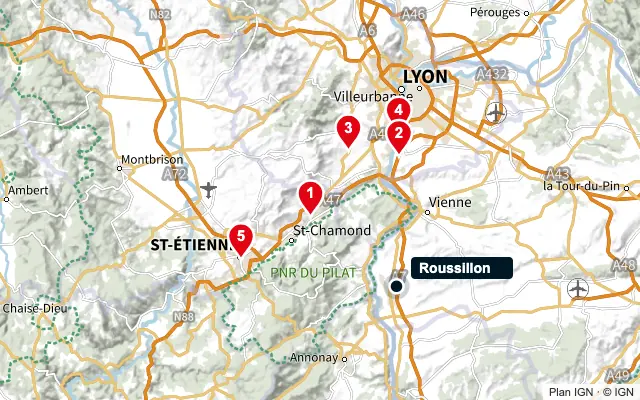 Carte : Roussillon et les 5 agences de la liste, numérotées de 1 à 5