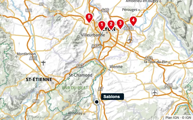 Carte : Sablons et les 5 agences de la liste, numérotées de 1 à 5