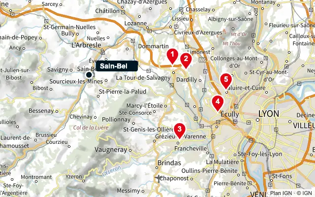 Carte : Sain-Bel et les 5 agences de la liste, numérotées de 1 à 5