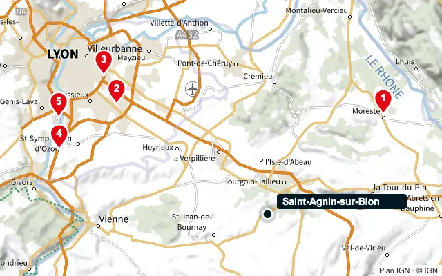 Carte : Saint-Agnin-sur-Bion et les 5 agences de la liste, numérotées de 1 à 5