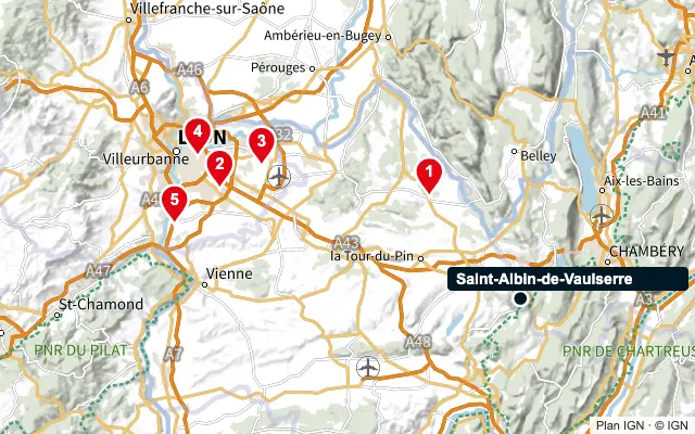 Carte : Saint-Albin-de-Vaulserre et les 5 agences de la liste, numérotées de 1 à 5