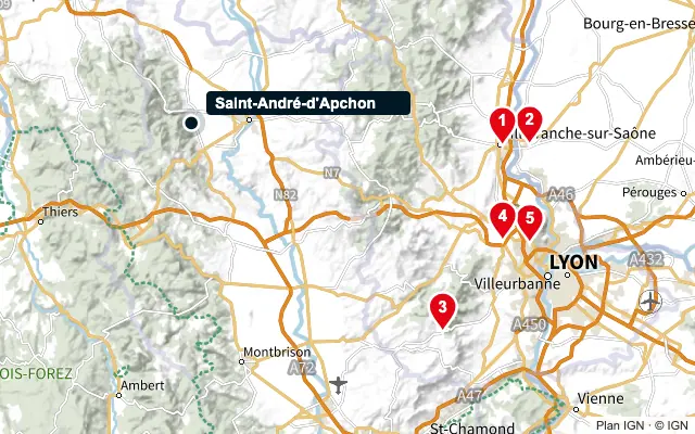 Carte : Saint-André-d'Apchon et les 5 agences de la liste, numérotées de 1 à 5