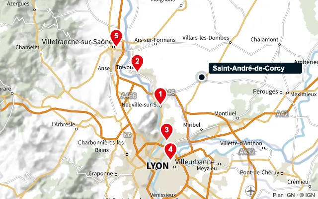Carte : Saint-André-de-Corcy et les 5 agences de la liste, numérotées de 1 à 5