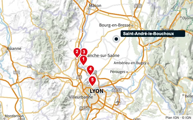 Carte : Saint-André-le-Bouchoux et les 5 agences de la liste, numérotées de 1 à 5