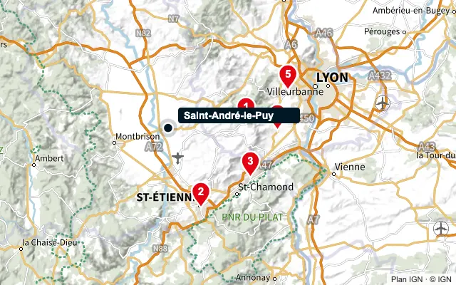Carte : Saint-André-le-Puy et les 5 agences de la liste, numérotées de 1 à 5