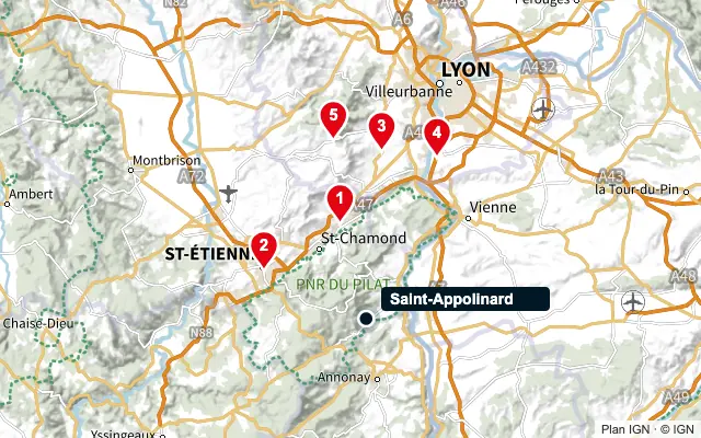 Carte : Saint-Appolinard et les 5 agences de la liste, numérotées de 1 à 5