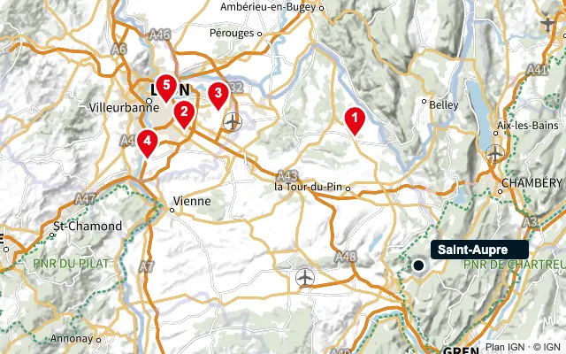 Carte : Saint-Aupre et les 5 agences de la liste, numérotées de 1 à 5