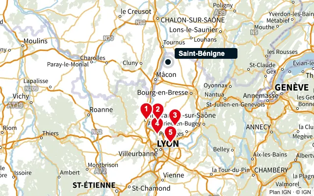 Carte : Saint-Bénigne et les 5 agences de la liste, numérotées de 1 à 5