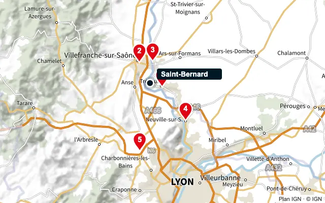 Carte : Saint-Bernard et les 5 agences de la liste, numérotées de 1 à 5