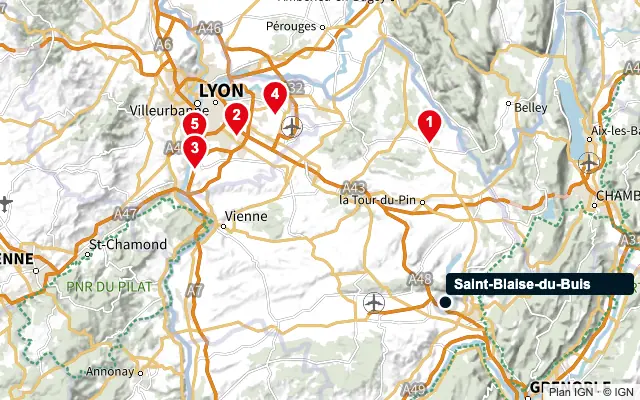 Carte : Saint-Blaise-du-Buis et les 5 agences de la liste, numérotées de 1 à 5
