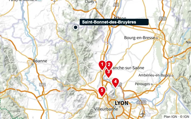 Carte : Saint-Bonnet-des-Bruyères et les 5 agences de la liste, numérotées de 1 à 5