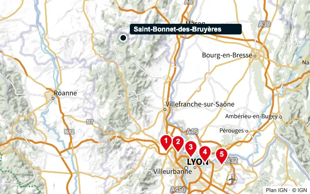 Carte : Saint-Bonnet-des-Bruyères et les 5 agences de la liste, numérotées de 1 à 5