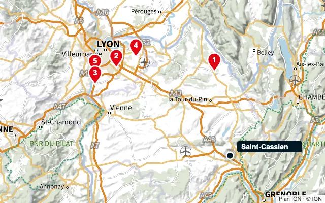Carte : Saint-Cassien et les 5 agences de la liste, numérotées de 1 à 5