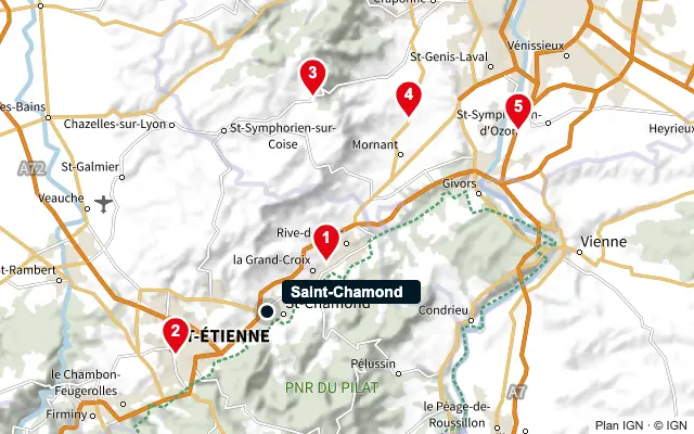 Carte : Saint-Chamond et les 5 agences de la liste, numérotées de 1 à 5