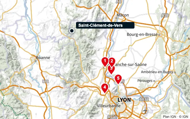 Carte : Saint-Clément-de-Vers et les 5 agences de la liste, numérotées de 1 à 5