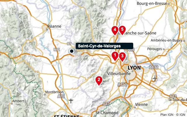 Carte : Saint-Cyr-de-Valorges et les 5 agences de la liste, numérotées de 1 à 5