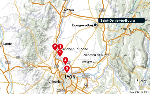 Carte : Saint-Denis-lès-Bourg et les 5 agences de la liste, numérotées de 1 à 5