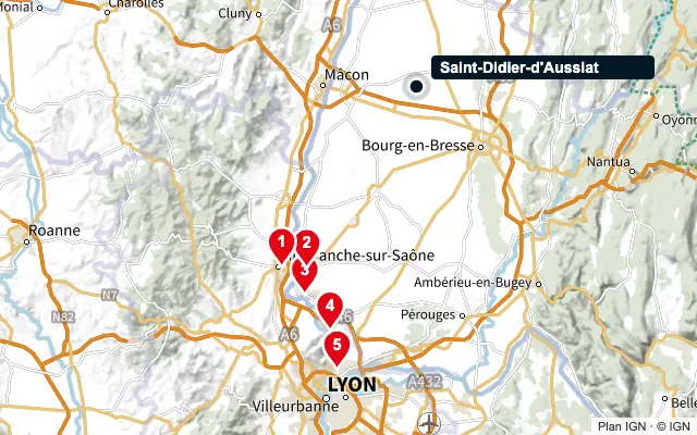 Carte : Saint-Didier-d'Aussiat et les 5 agences de la liste, numérotées de 1 à 5