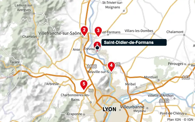 Carte : Saint-Didier-de-Formans et les 5 agences de la liste, numérotées de 1 à 5