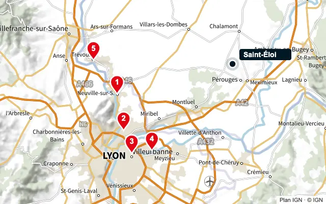 Carte : Saint-Éloi et les 5 agences de la liste, numérotées de 1 à 5