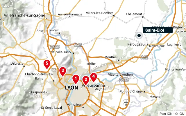 Carte : Saint-Éloi et les 5 agences de la liste, numérotées de 1 à 5
