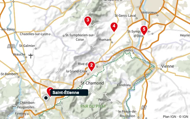 Carte : Saint-Étienne et les 5 agences de la liste, numérotées de 1 à 5