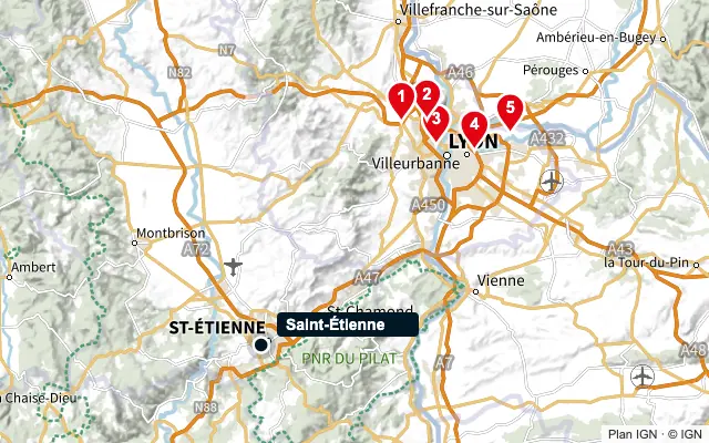 Carte : Saint-Étienne et les 5 agences de la liste, numérotées de 1 à 5