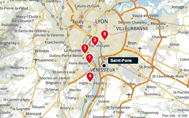 Carte : Saint-Fons et les 5 agences de la liste, numérotées de 1 à 5