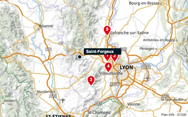 Carte : Saint-Forgeux et les 5 agences de la liste, numérotées de 1 à 5