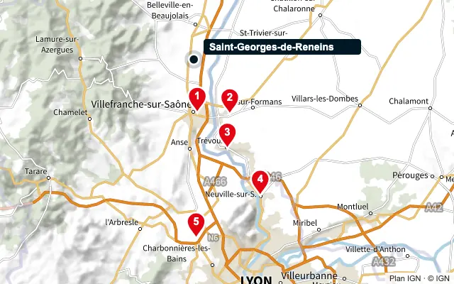 Carte : Saint-Georges-de-Reneins et les 5 agences de la liste, numérotées de 1 à 5