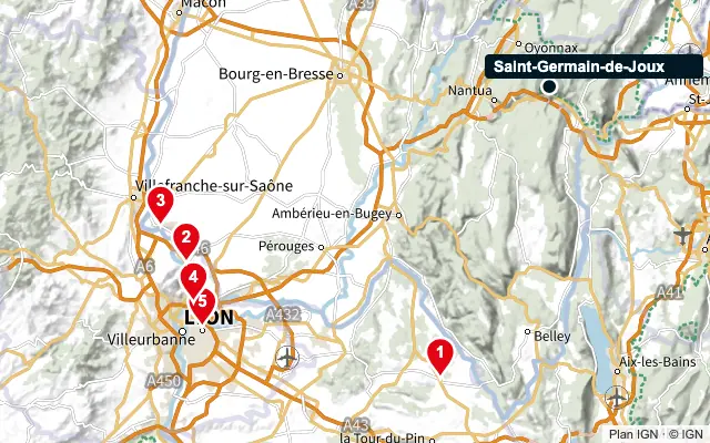 Carte : Saint-Germain-de-Joux et les 5 agences de la liste, numérotées de 1 à 5