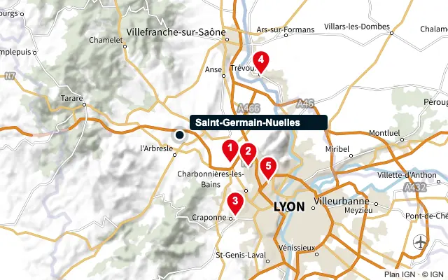 Carte : Saint-Germain-Nuelles et les 5 agences de la liste, numérotées de 1 à 5