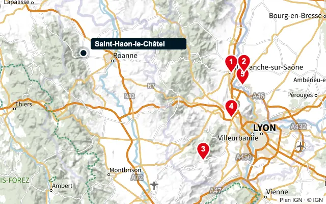 Carte : Saint-Haon-le-Châtel et les 5 agences de la liste, numérotées de 1 à 5