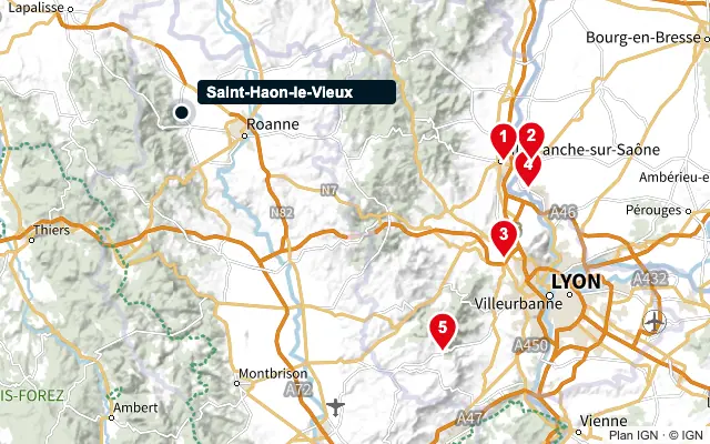 Carte : Saint-Haon-le-Vieux et les 5 agences de la liste, numérotées de 1 à 5