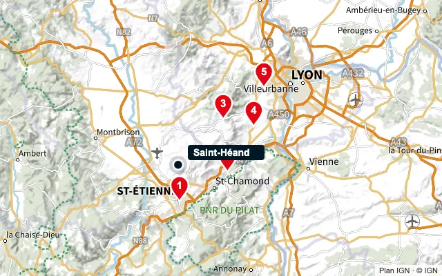 Carte : Saint-Héand et les 5 agences de la liste, numérotées de 1 à 5