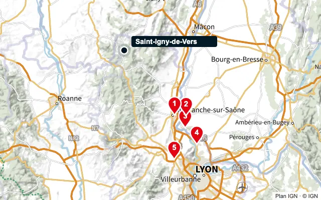 Carte : Saint-Igny-de-Vers et les 5 agences de la liste, numérotées de 1 à 5