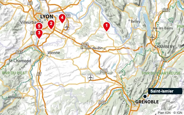 Carte : Saint-Ismier et les 5 agences de la liste, numérotées de 1 à 5