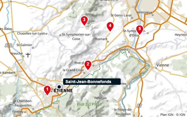 Carte : Saint-Jean-Bonnefonds et les 5 agences de la liste, numérotées de 1 à 5